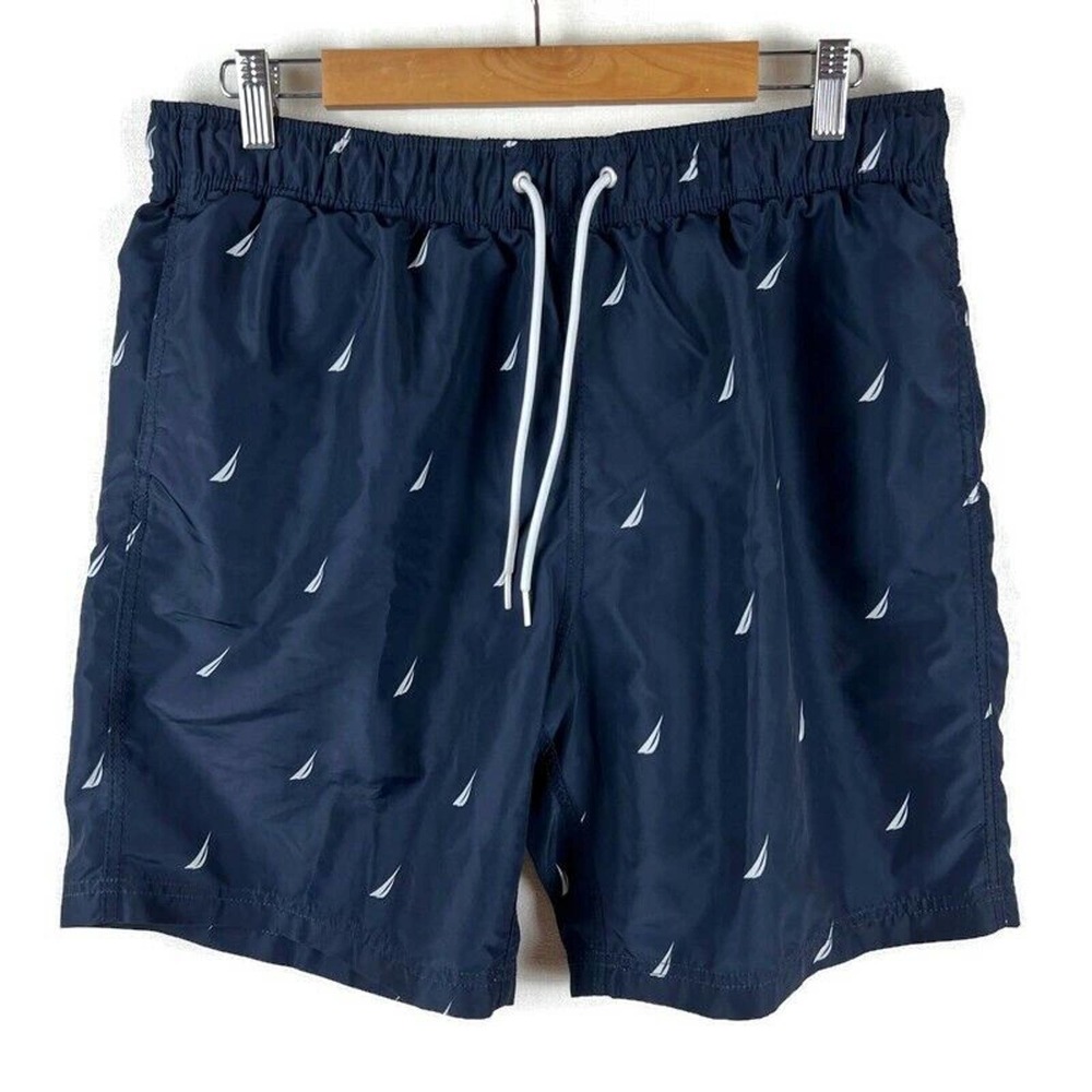 Nautica Swim Trunks Mens Medium Navy Blue Sail Boats Nautical Classic Preppy